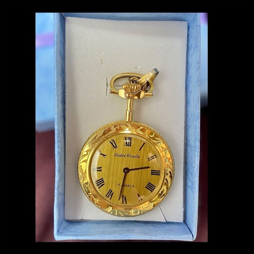 Vintage Andre Rivalle 17 Jewels Gold Pocket Watch w/ Gold Chain & Gift Box Works
